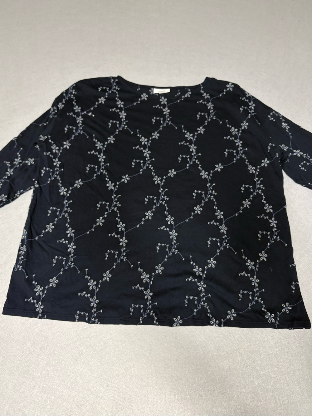 J.Jill Navy Blue Floral Vine Embroidered 3/4 Sleeve Cotton Modal Knit Top Sz L